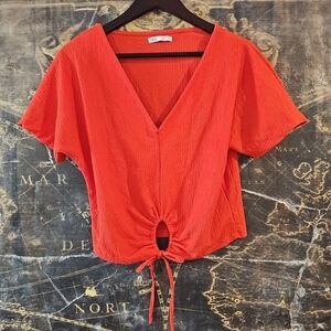 Zara Cropped(ish) Shirt Short Sleeve Keyhole Tie Waist Women's Size S Orange
